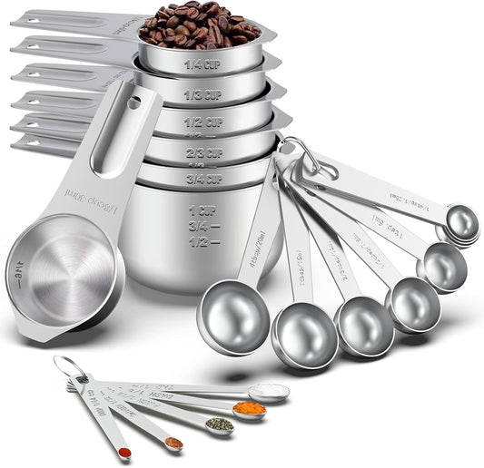 21 Pcs Stainless Steel Measuring Cups and Spoons Set, Wildone Stackable Metal Measuring Cups and Spoons for Cooking & Baking, Includes 7 Cups, 9 Spoons and 5 Mini Spoons