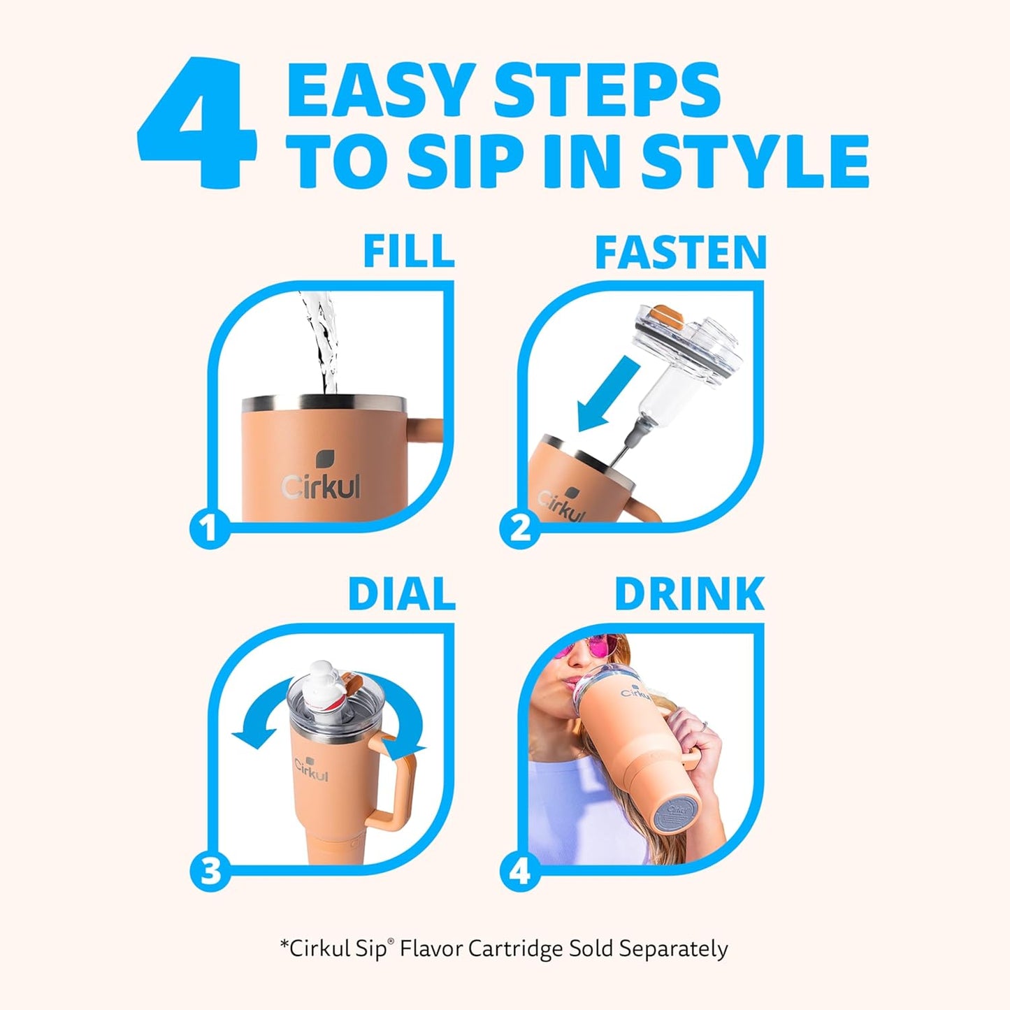 Cirkul 40oz. Apricot Stainless Steel Tumbler with Handle, All-Day StrawSip™, Double-Wall Insulated