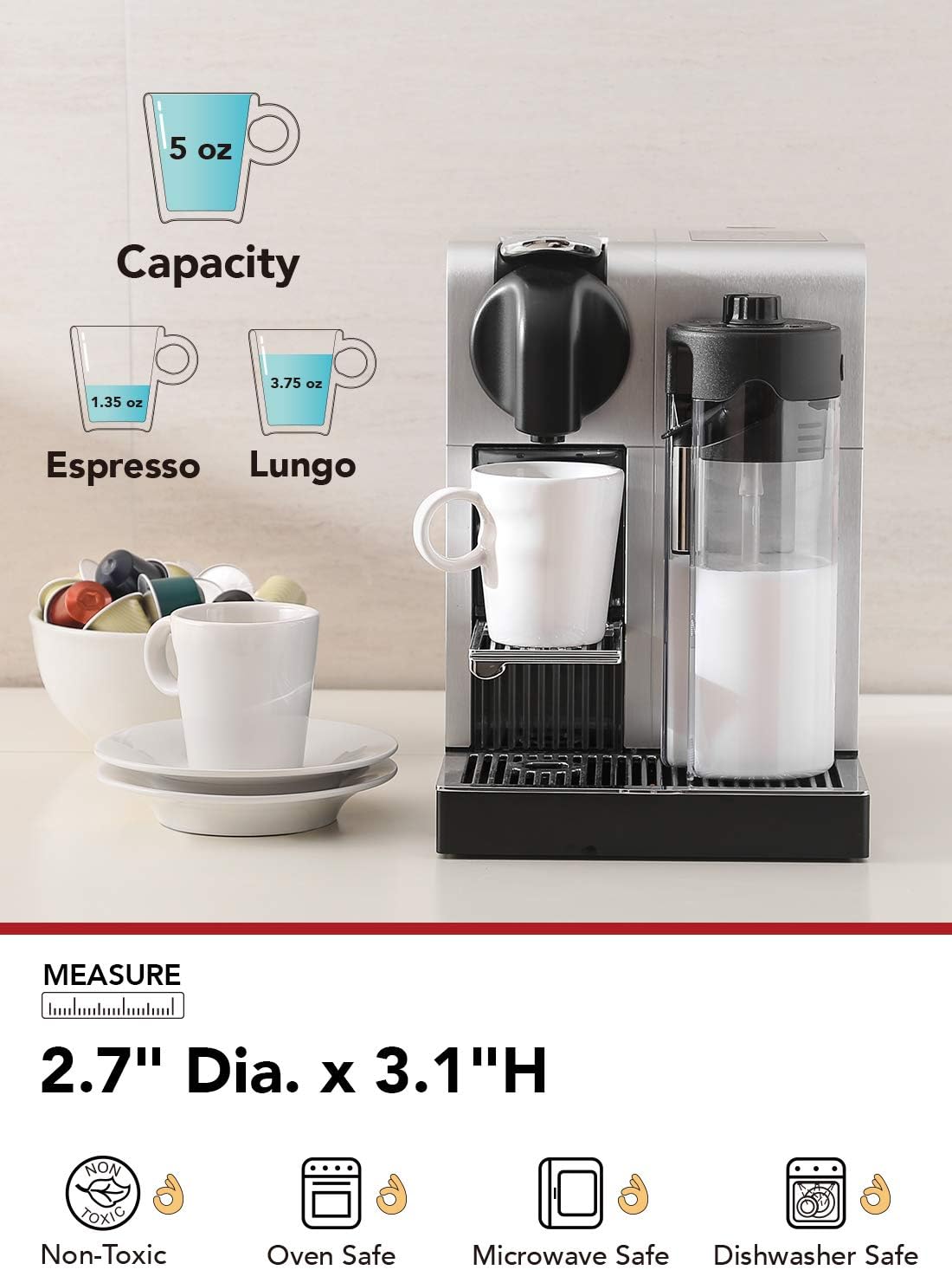 LE TAUCI 5 oz Espresso Mugs, Ceramic Small Stackable Coffee Cups, Designed for Double Shots of Espresso, Lungo and Tea, Perfect for Coffee Machine and Maker, Set of 4, White