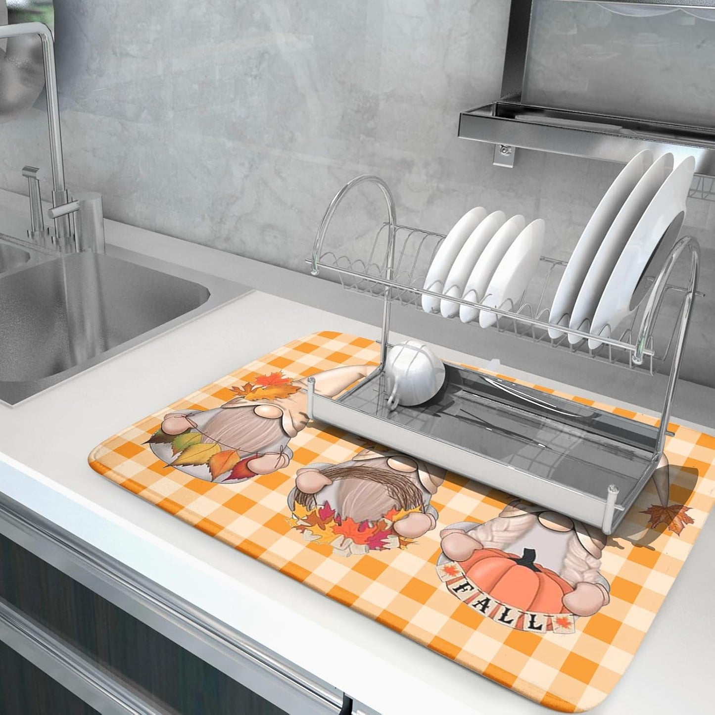 Fall Gnome Dish Drying Mat for Kitchen Autumn Pumpkin Maple Leaves Dishes Pad Orange White Check Plaids Dish Drainer Rack Mats Absorbent Fast Dry Counter Accessories 18x24inch Thanksgiving Day Decor