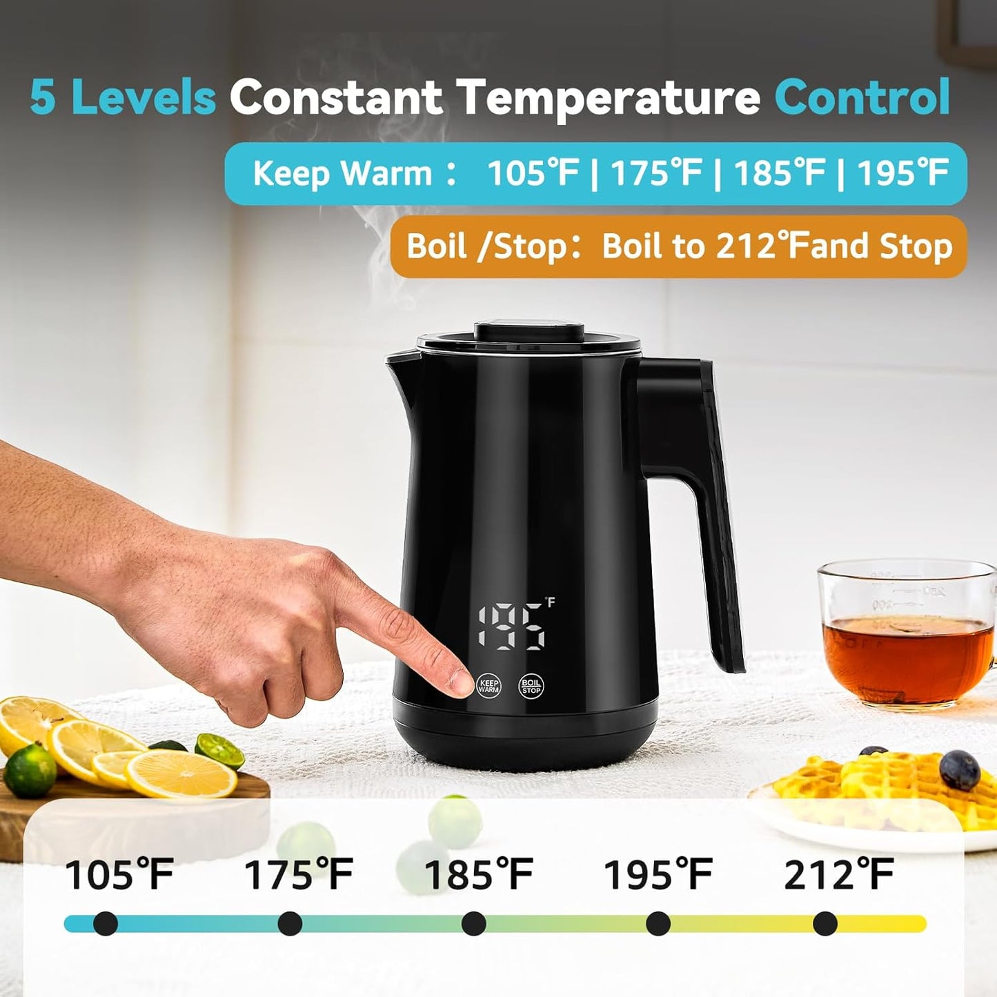 850ml Small Electric Kettle Temperature Control,800W Double Wall Electric Tea Kettle of 304 Stainless Steel,5 Temp Presets,Hot Water Kettle Electric,Auto Shut Off for Tea and Coffee-Black