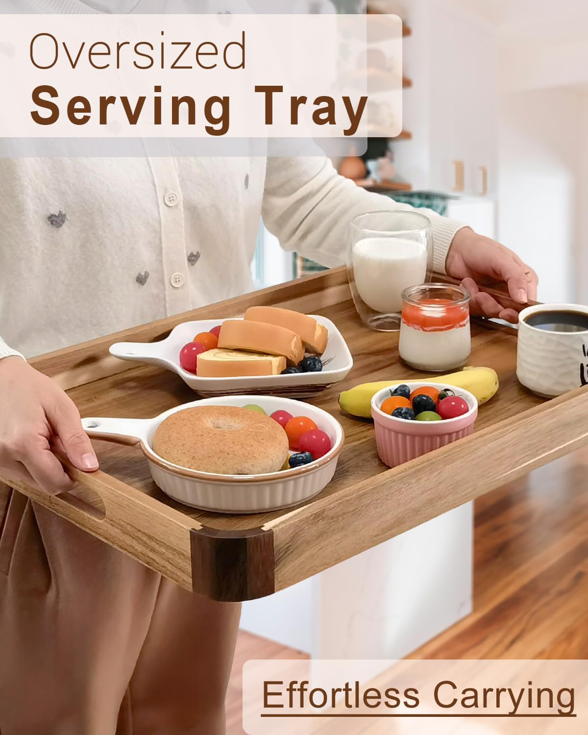 22 Inches Acacia Wood Serving Tray with Handles, Large Wooden Rectangle Ottoman Tray, Nice Home Decor for Living Room Coffee Table Couch, Ideal Size for Serving Food Breakfast BBQ Party