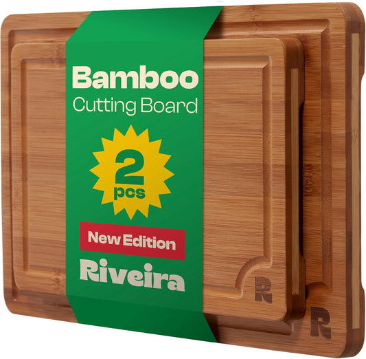 Riveira Brown Bamboo Wood Cutting Board – Versatile And Durable: Set Of 2 Pcs Rectangular Wooden Cutting Board – Natural Wooden Cutting Boards For Kitchen Set – Complete Bamboo Wooden Chopping Board