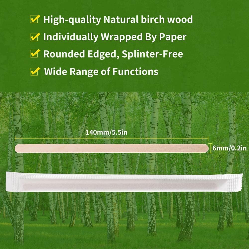 200pcs Individually Wrapped Coffee Stirrers Wood - 5.5" Coffee Stir Sticks, Round End Disposable coffee stirrer, For Coffee, Cocktail and Hot Drinks