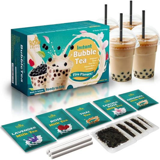 Fusion Select 5 Pack Authentic Tea Flavors Sakura, Lavender, Rose, Thai, Original Milk Tea Kit - Extra Rich Flavor Bubble Drinks, Tapioca Pearls, Straws - Complete Boba Kit