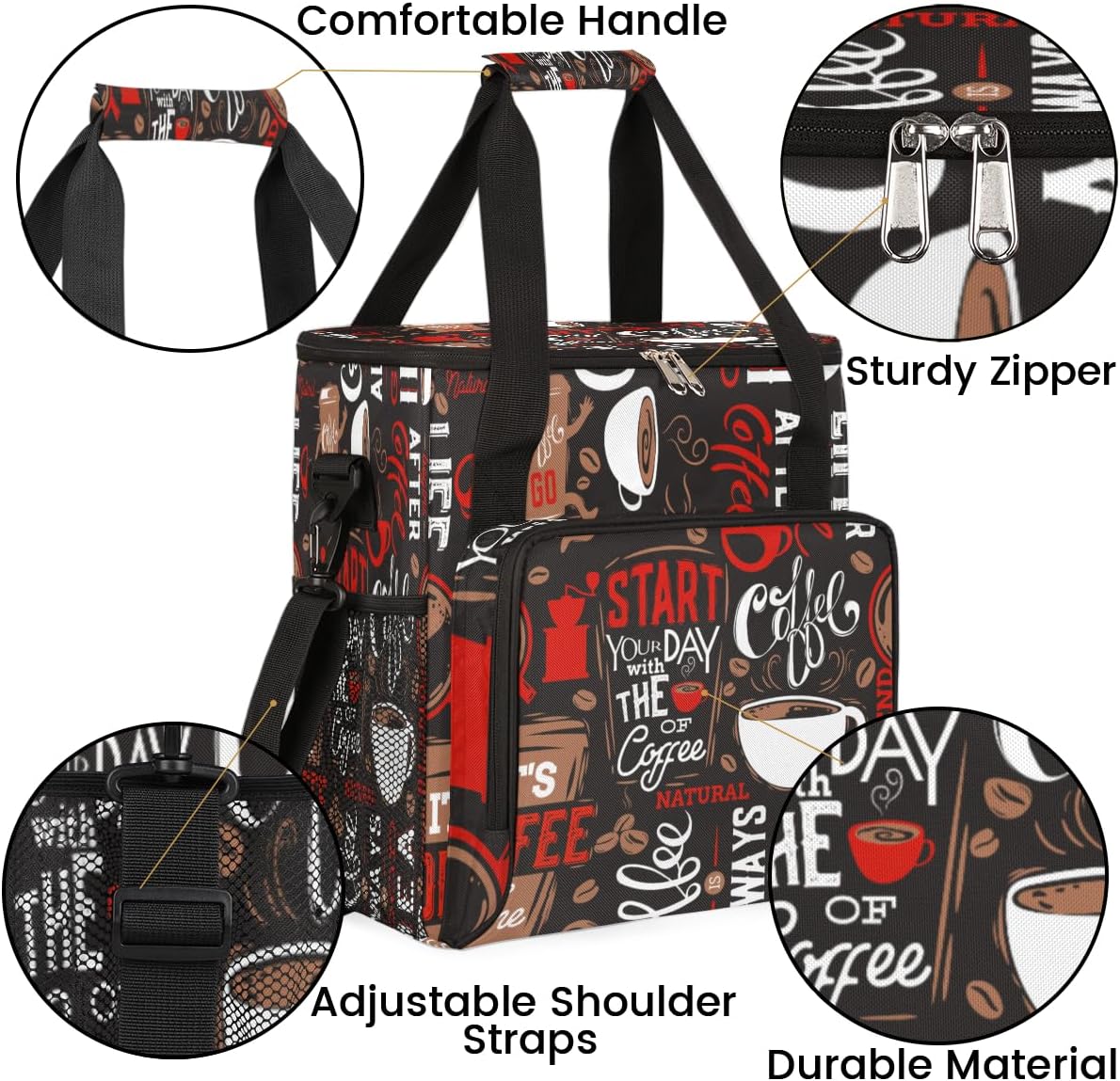 Brown and Red Coffee Cafe Coffee Maker Carring Bag Travel Carrying Storage Tote Bag Compatible with Keurig K-Mini or K-Mini Plus Portable Single Serve Coffee Brewer Case with Pockets for K-cup Pods