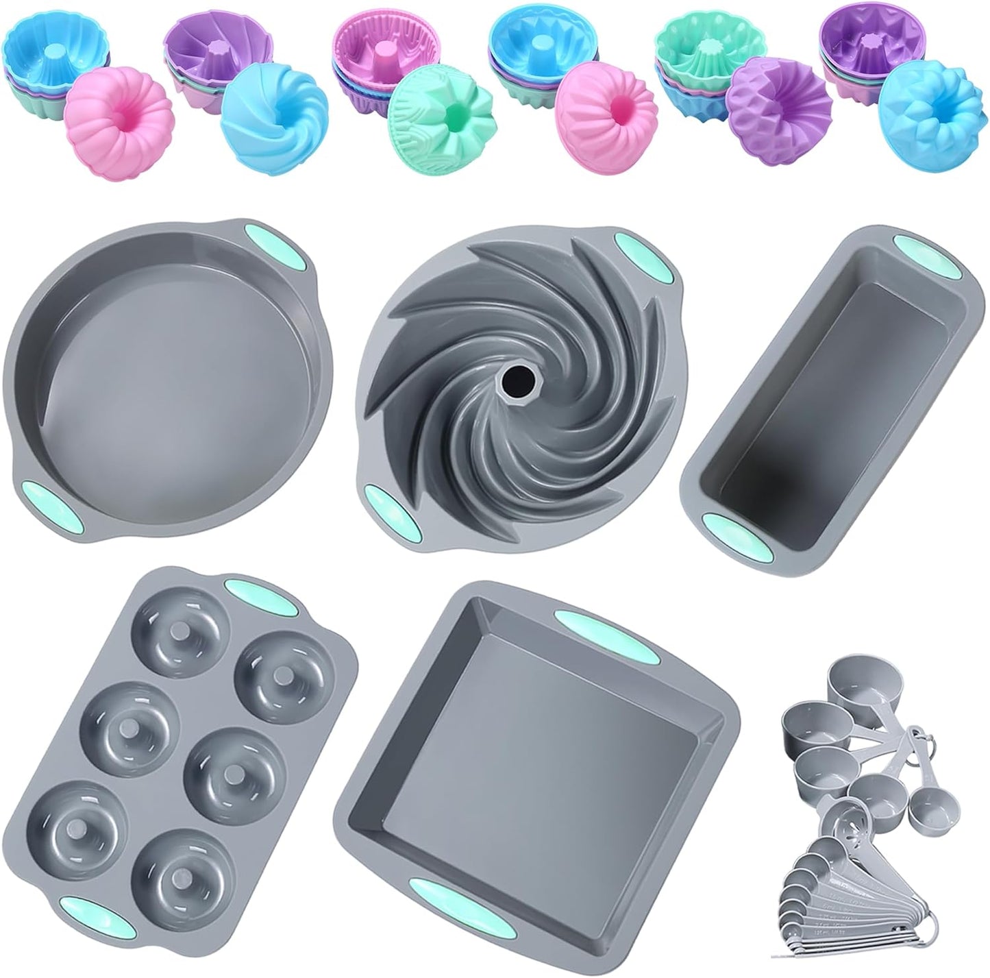 Tongjude 46 Piece Silicone Bakeware Set, Non-Stick Kitchen Oven Baking Pans, Silicone Cake Molds with Cake Pan, Chiffon Cake Pan, Donut Pan, Square Cake Pan and Loaf Pan