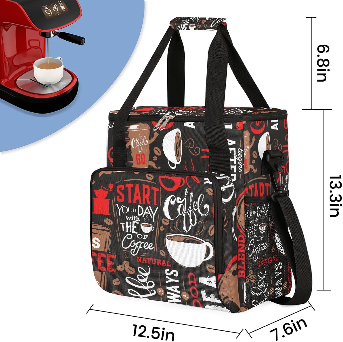 coffee beans cup red Coffee Maker Carring Bag Travel Carrying Storage Tote Bag Compatible with Keurig K-Mini or K-Mini Plus Portable Single Serve Coffee Brewer Case with Pockets for K-cup Pods