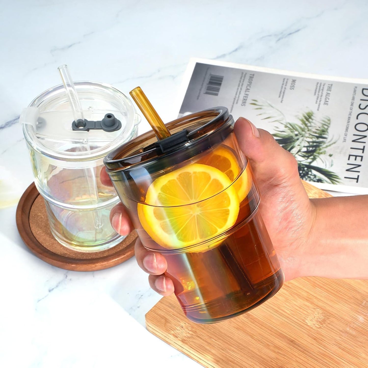 13 oz Glass Tumbler with Glass Straw and Lid, Leak-Proof Reusable Travel Cup for Iced Coffee, Tea, Matcha, Fruit Juice – Thick Wall Clear Water Bottle (Iridescent Shimmer, 4 Pack)