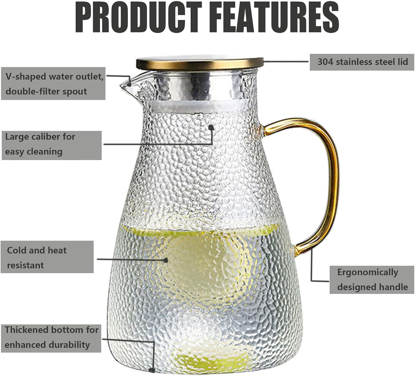 Xrrxy 2L/68oz Water Pitcher Glass Pitcher with Lid and Handle, Heat/Cold Resistant Borosilicate Glass Water Carafe for Coffee, Lemonade, Iced Tea,Beverage, Water Glass Jug