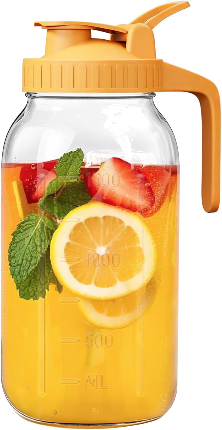 2 Quart Wide Mouth Glass Pitcher with Lid, 64oz Mason Jar Pitchers, Leak-proof Iced Tea Pitcher,Heavy Duty Container for Fridge Sweet Tea,Juice,Cold Brew Coffee,Breastmilk Storage Drinks-1PACK/Yellow