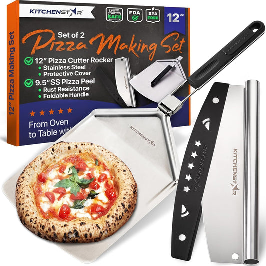 12" Pizza Making Kit (Set of 2) - 12" Pizza Cutter Rocker Knife with Blade Cover + 9.5" Stainless Steel Pizza Peel with Folding Handle- Ultimate Pizza Oven Accessories