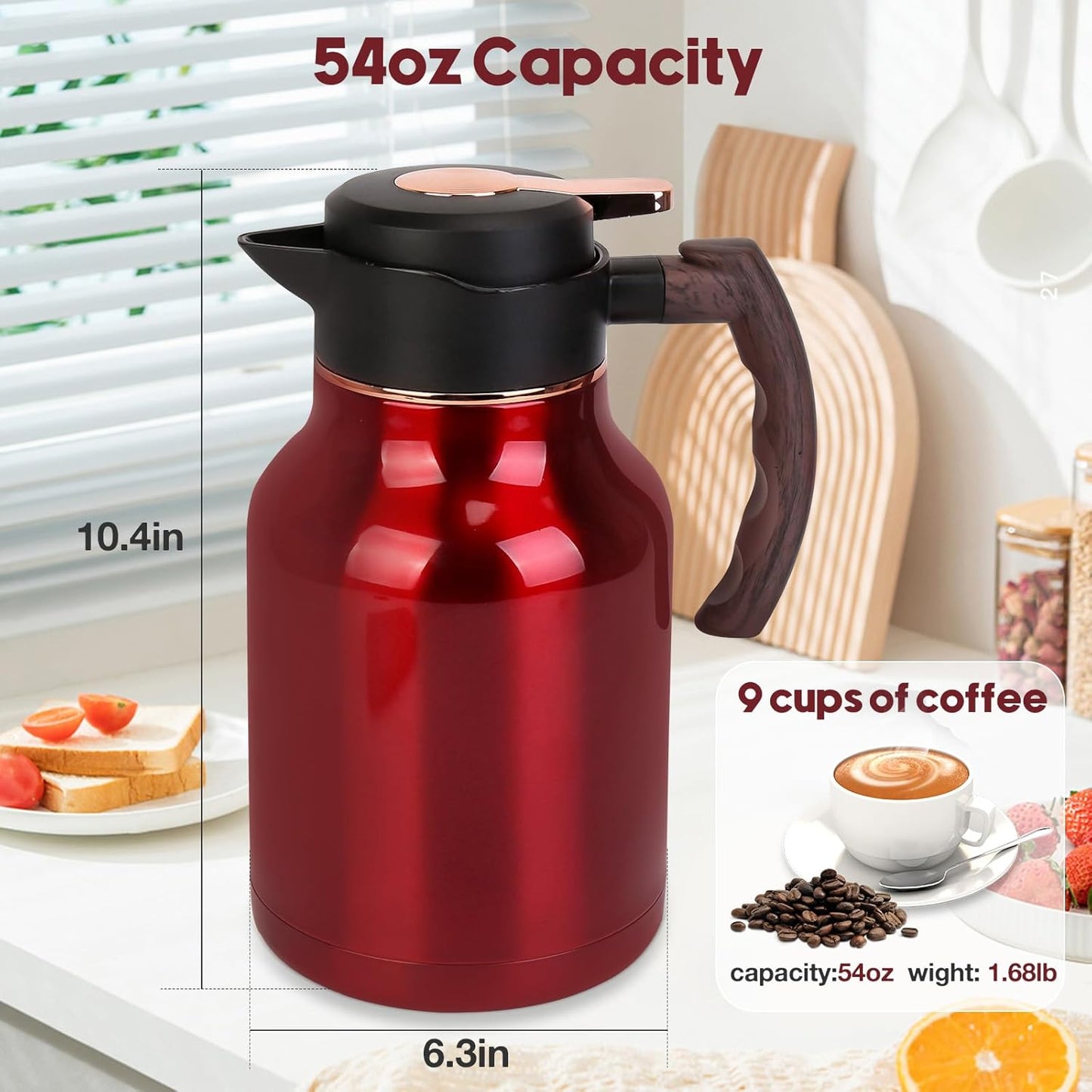 54oz Thermal Coffee Carafe, Stainless Steel Insulated Vacuum Carafe, Carafes for Keeping Hot, for Hot Water, Tea, Cold Drinks (Red)