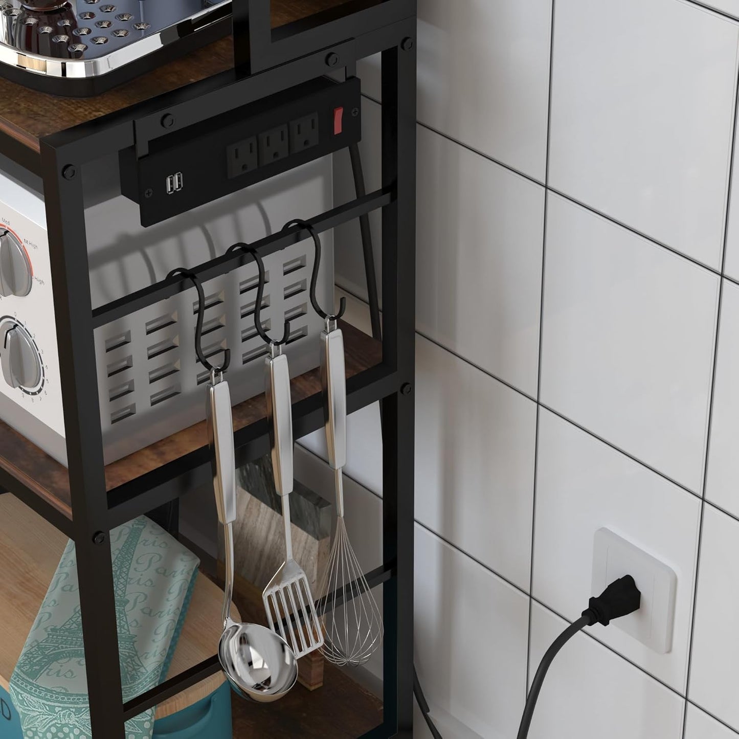 Bakers Rack with Baskets and Power Outlet, 5-Tier Kitchen Utility Storage Shelf with Hooks, Microwave Oven Stand Rack, Vintage Brown Free Standing Kitchen Shelf