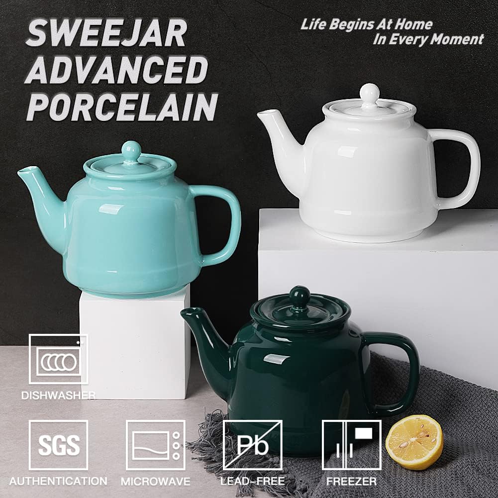 Sweejar 35 oz Porcelain Tea Pot, Teapot with Removable 18/8 Stainless Steel Infuser, Microwave & Dishwasher Safe Tea Maker, Tea Infuser Pots for Blooming loose Leaf Tea,Chrismas Women Gift (Jade)