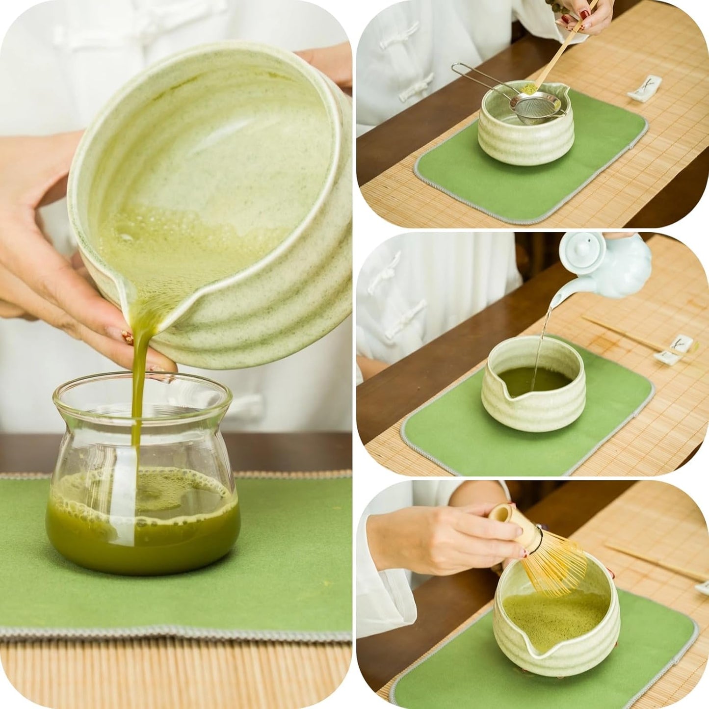 Matcha whisk Set,7 Pcs Matcha Making Kit with whisk Whisk, Ceramic Bowl, Sifter, Scoop, Holder, Stand, and Tea Towel for Ultimate Matcha Experience（Mottled Green）
