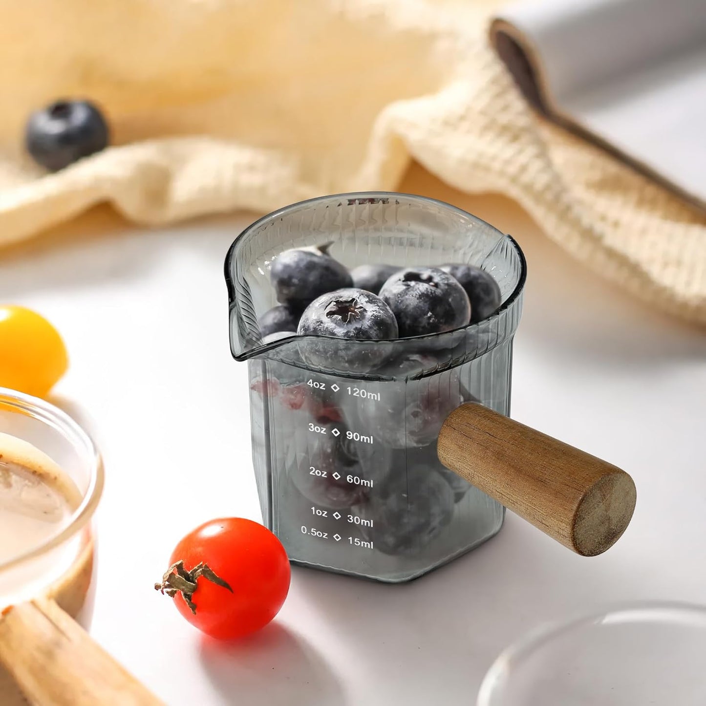 Joeyan 4 oz Grey Double Spouts Measuring Triple Pitcher Milk Cup with Wood Handle,Ribbed High Borosilicate Glass Measuring Cup, Espresso Shot Glasses