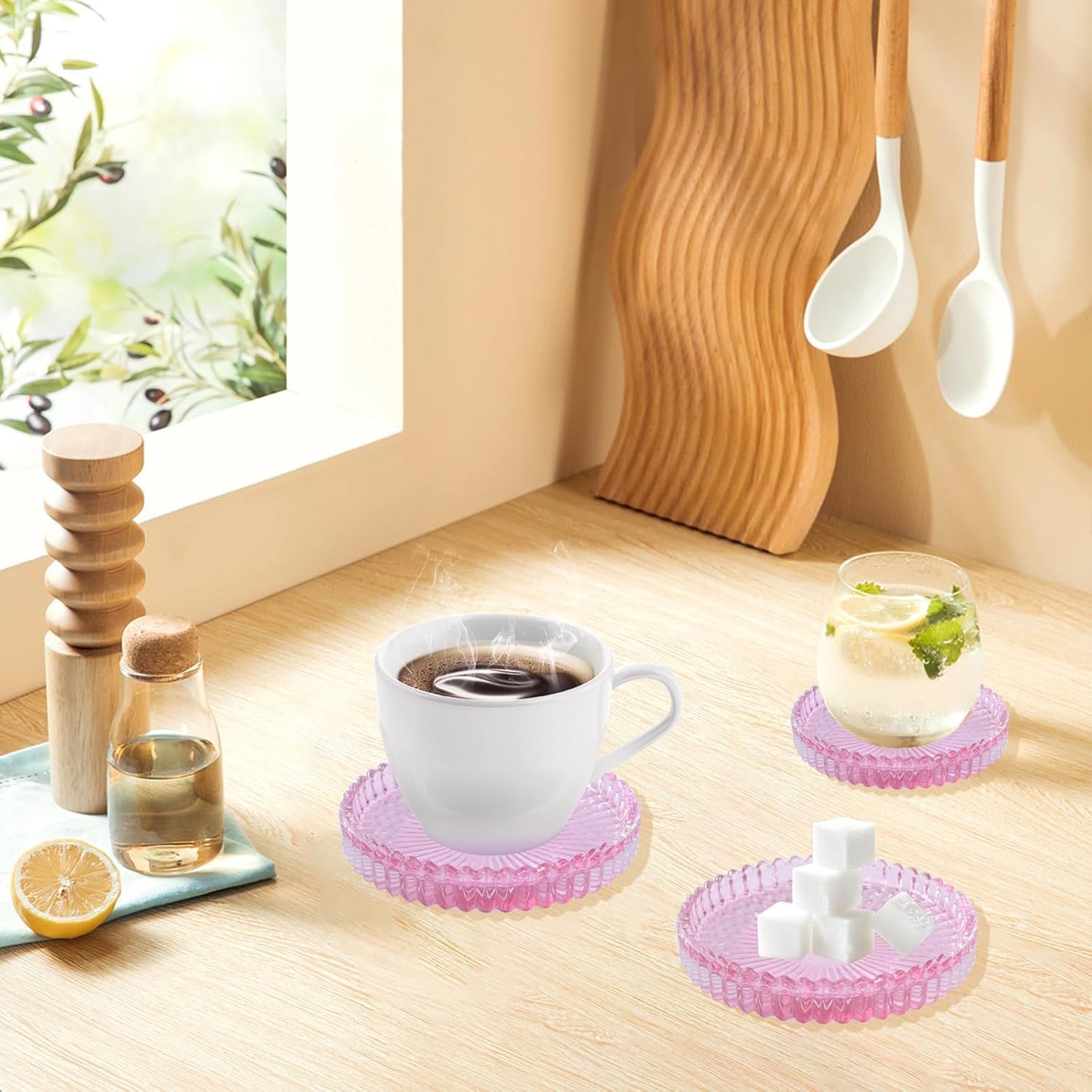 Glass Coaster 6 Pack Round Cup Coasters for Drinks,Crystal Coffee Coaster,Stylish Drink Coasters for Kitchen Bar Dining Room Living Room Office Decor and Jewelry Storage,Pink