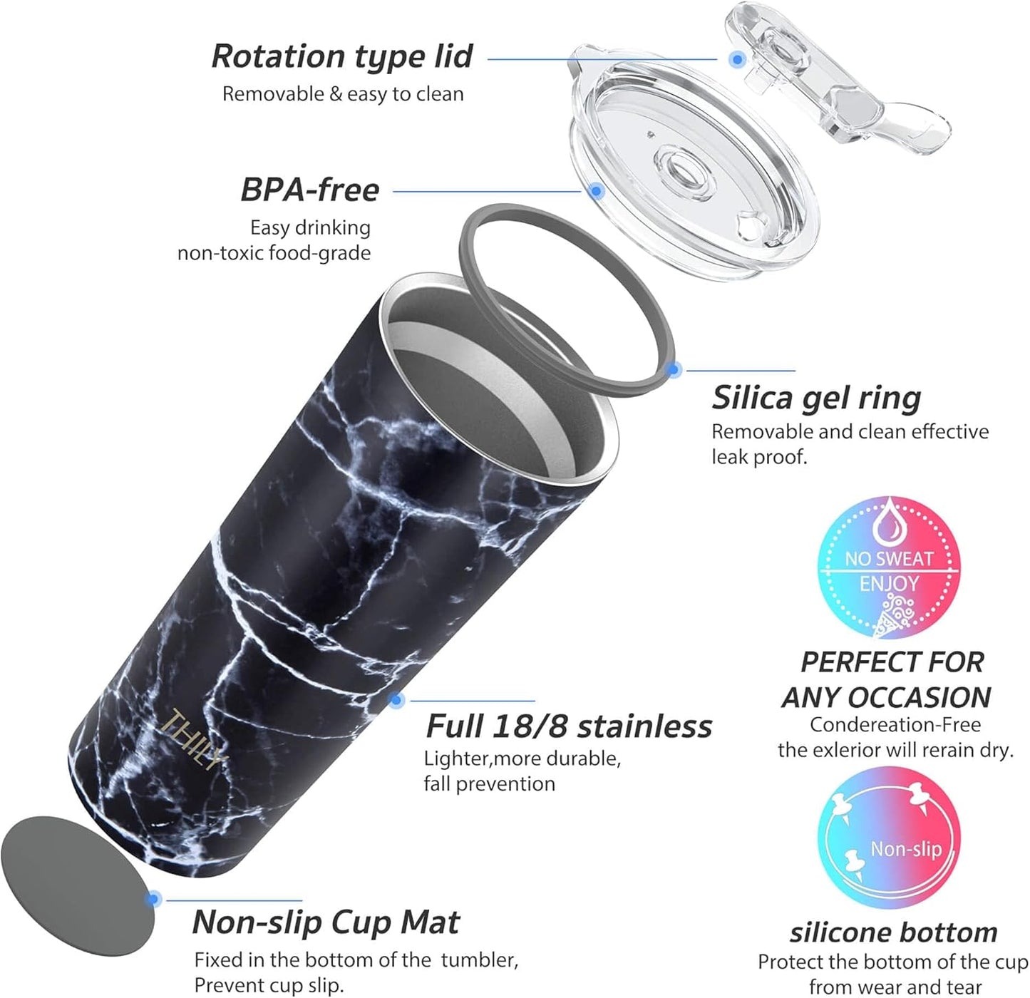 THILY Stainless Steel Vacuum Insulated Tumbler Travel Mug 26 oz Coffee Cup with 2 Lids and Straws, Splash Proof, Keep Ice Drinks Cold, Black Marble