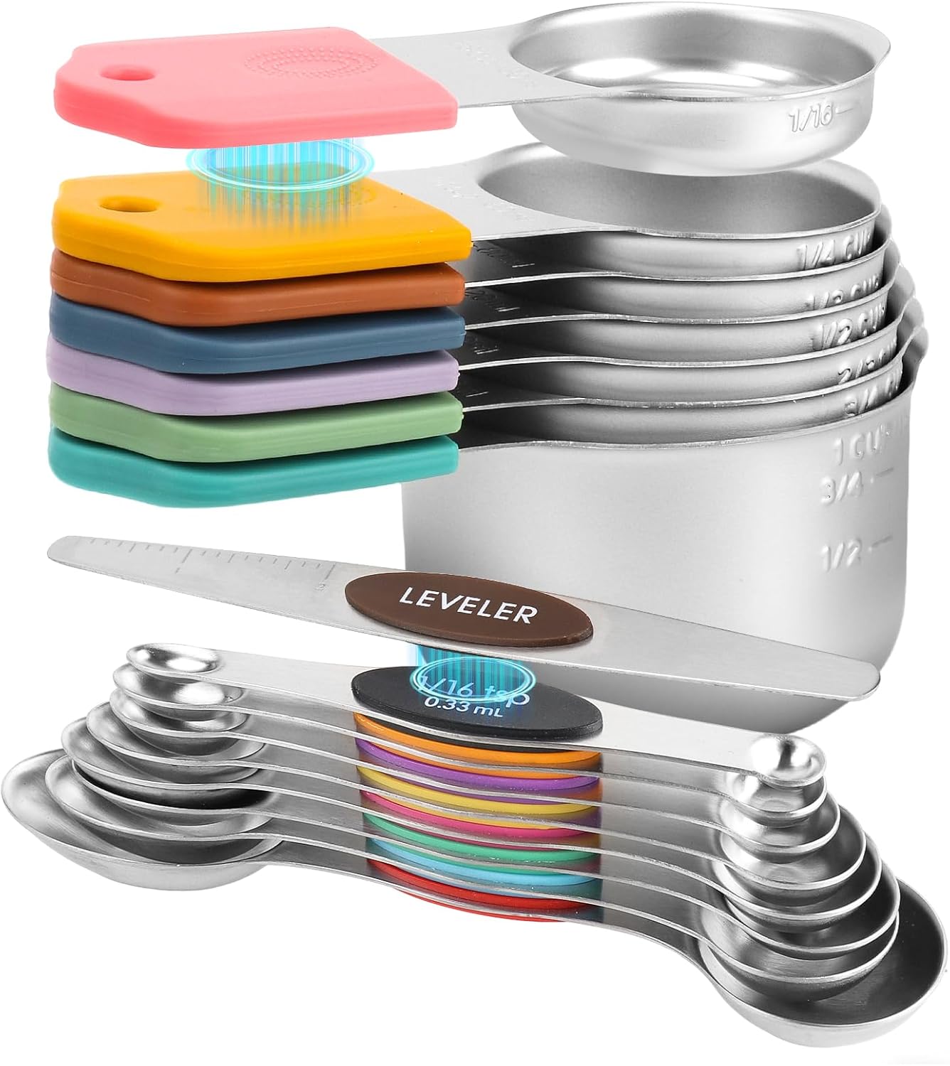 16-Piece Stainless Steel Measuring Cups and Spoons Set, Strong Magnetic Nesting Design 7 Cups 8 Spoons with Leveler, Double Measurement Markings for Dry & Liquid Ingredients, Colorful