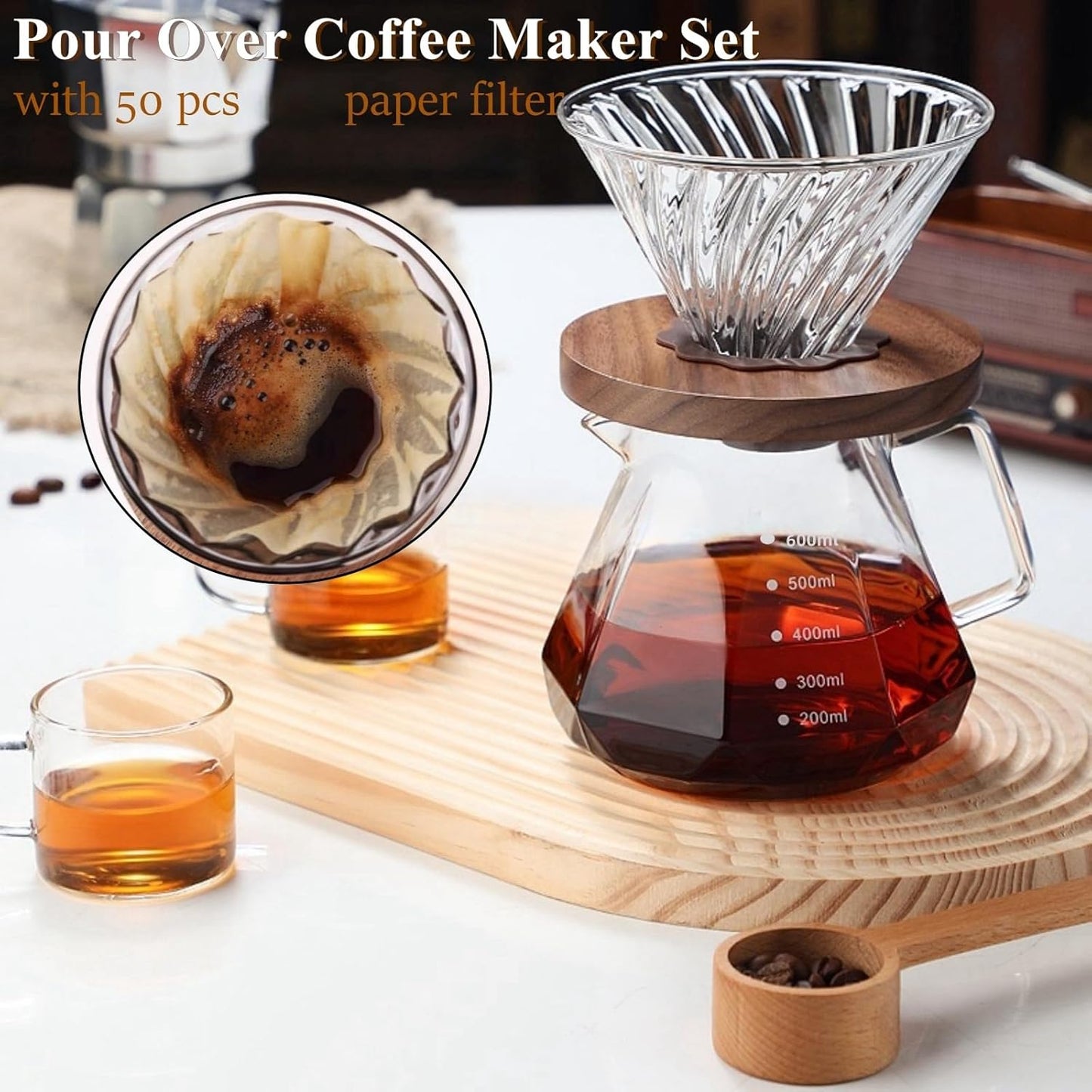 Pour Over Coffee Maker Set 20 oz, 600 ml Borosilicate Glass Coffee Server with Glass Lid, 50 pcs Paper Filter, Walnut Handle Pour Over Coffee Dripper for Home Café Restaurant, Clear