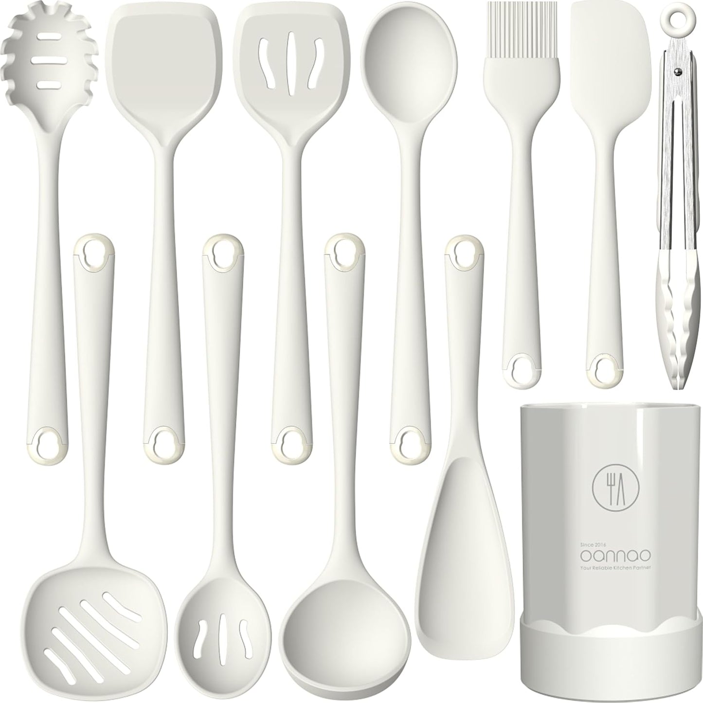 Thickened Silicone Kitchen Utensils Set, 600°F Heat Resistant Silicone Cooking Utensils, Spatula, Spoon, Whisk, Tongs, Kitchen Gadgets for Nonstick Cookware, Dishwasher Safe BPA Free (Cream White)