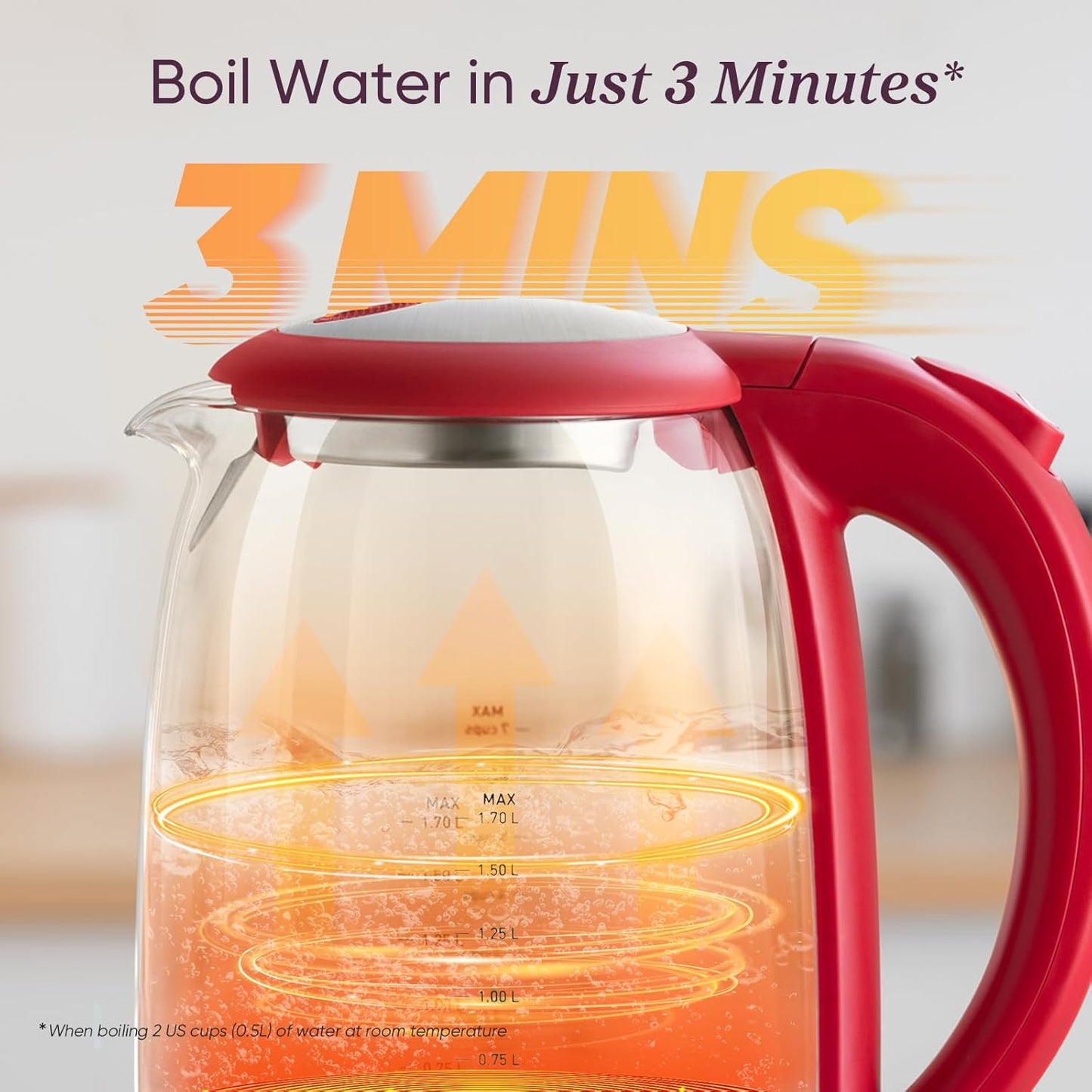 Cosori Electric Kettle, No Plastic Filter & Spout, Tea Kettle & Hot Water Boiler For Coffee & Tea, Water Heater & Teapot, Automatic Shut Off, Borosilicate glass, Red, 1.7L/1500W