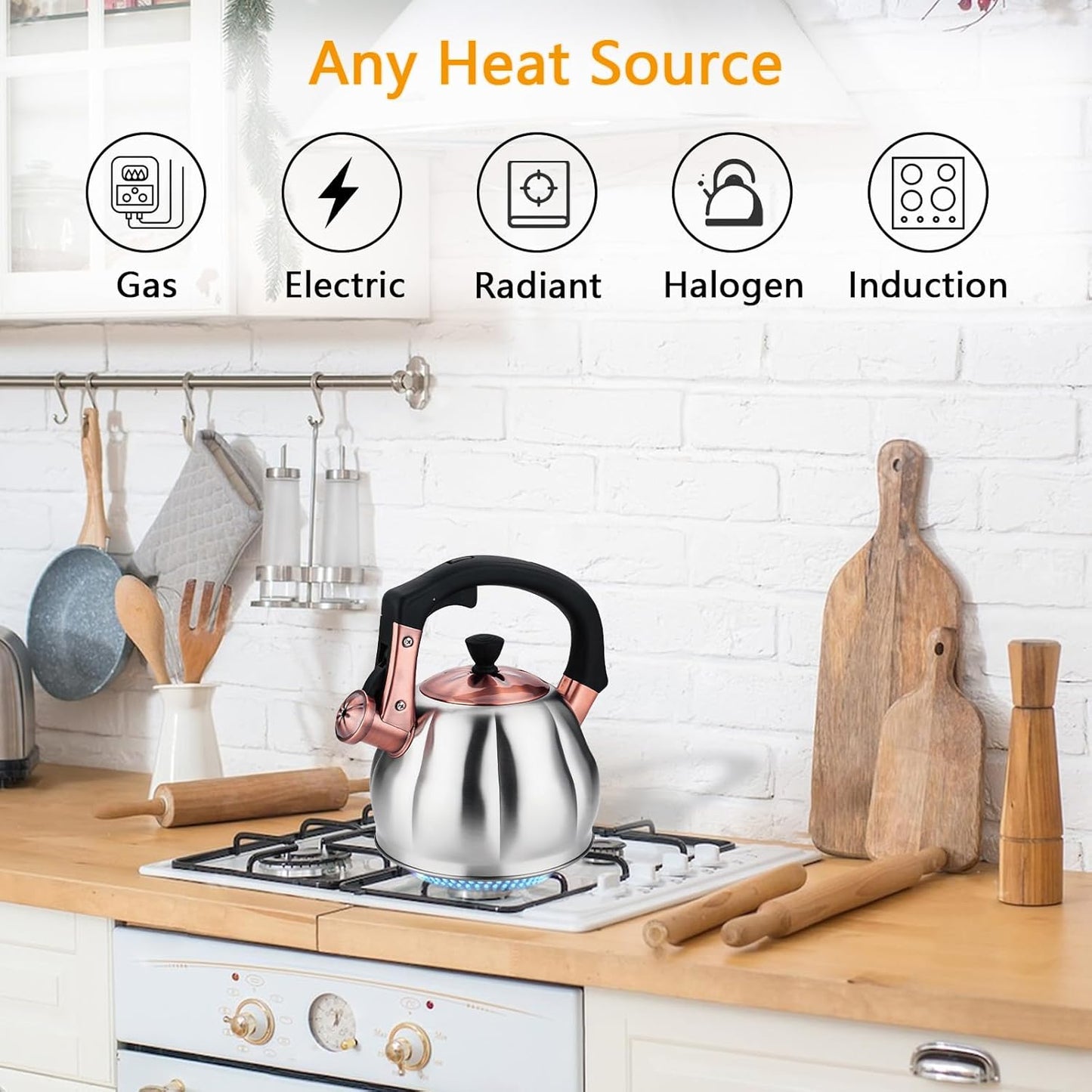 Stainless Steel Tea Kettle for Stove Top Teakettles Stovetop Whistling with Heat Proof Ergonomic Handle 2.5 Quart