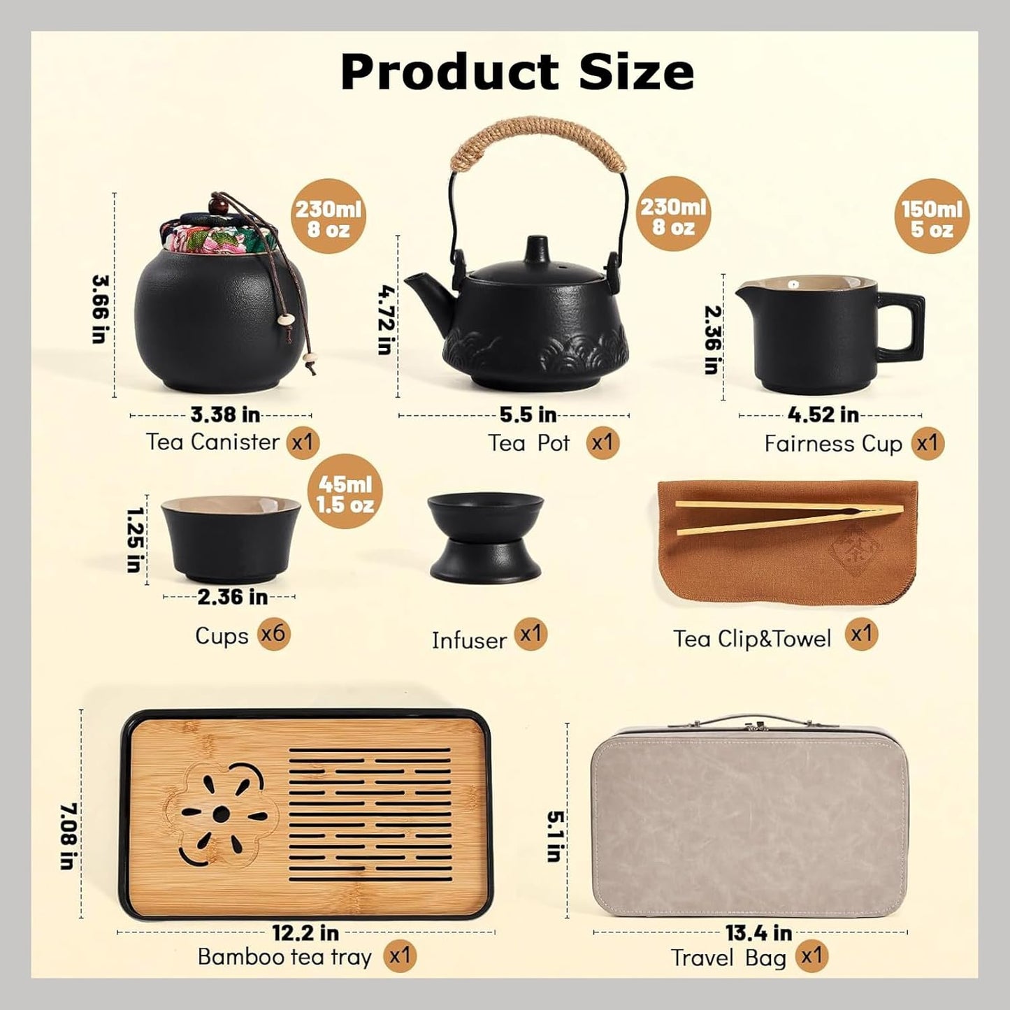 Japanese Tea Set, Portable Ceramic TeaSet, Asian Tea Sets for adult, Tea Gift sets, Travel Tea Set with Teapot,Teacups,Tea Canister,Tea Tray and Travel Bag, Home,Outdoor and Office