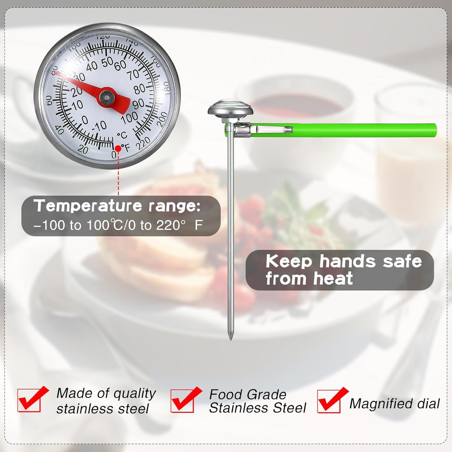 Xuhal 6 Pcs Stainless Steel Kitchen Thermometer with 5 Inch Long Stem 1 Inch Dial Thermometer Milk Frothing Food for Oven Probe Meat Grill BBQ Cooking Chocolate Water(Multicolor)