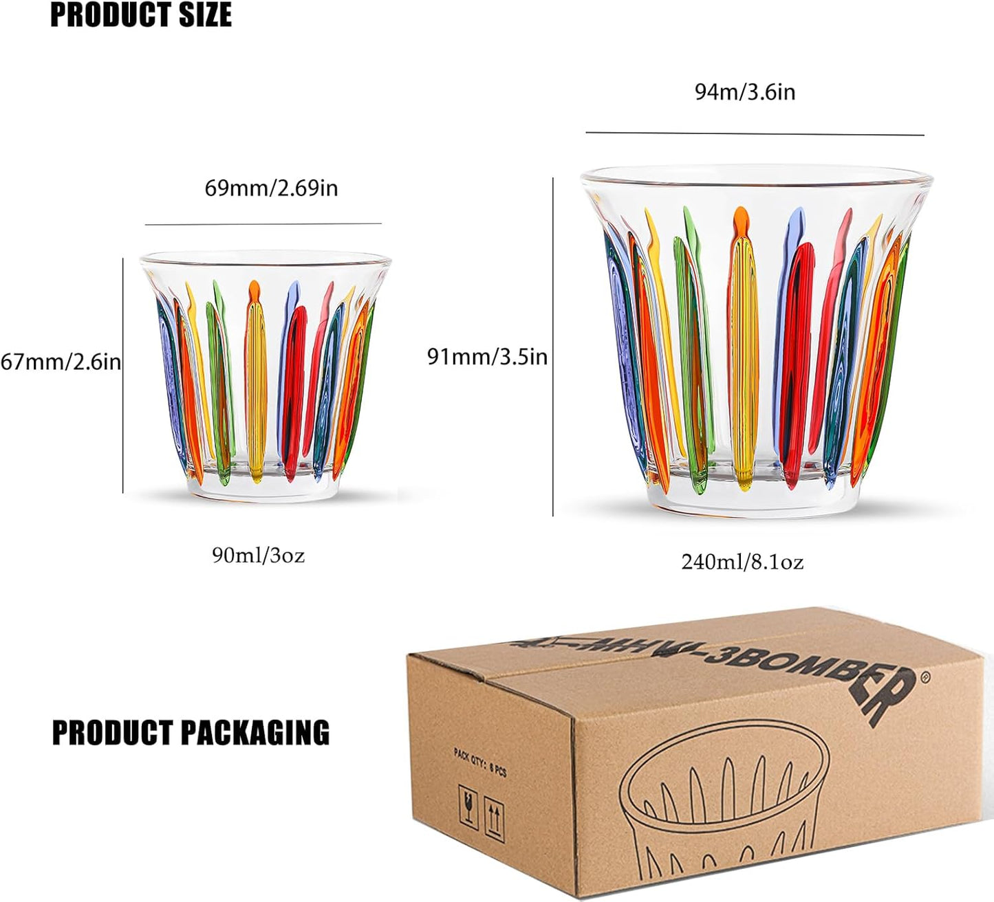 MHW-3BOMBER Coffee Glasses of 6 Drinking Glasses 8.1OZ Colored Painted Latte Glasses for Espresso, Whiskey, Vodka, Spirits & Liquors G5035C*6