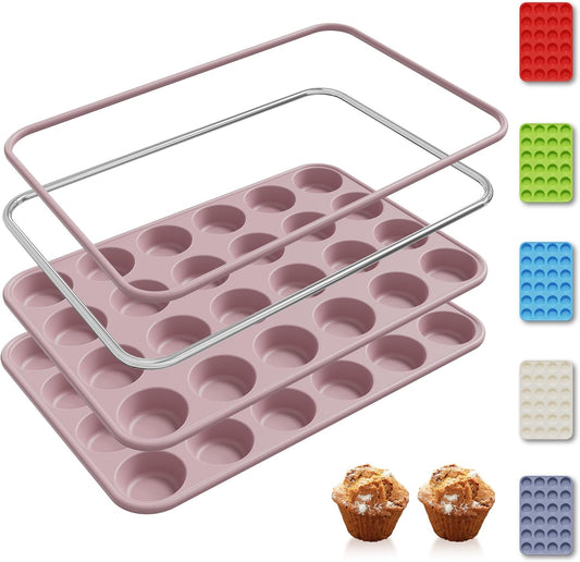 2 Pack 24 Cups Mini Muffin Pan with Metal Reinforced Frame Silicone Molds Cake Pans Egg Bites Silicone Circle Cookie Molds Muffin Tin Tart Pans Non Stick Toxic Oven Safe Baking Sheet Set