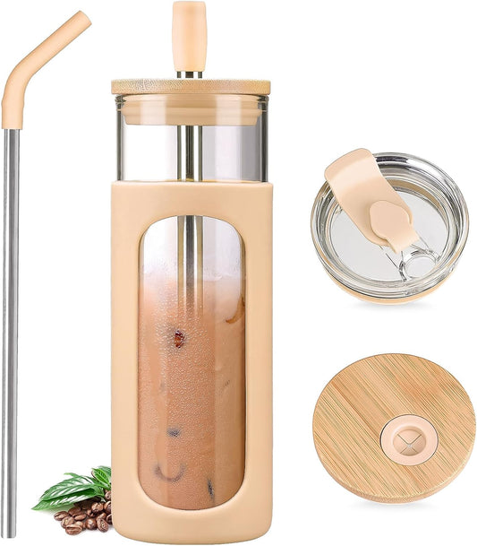 Kodrine 24oz Glass Tumbler with 2 Lids and Straws, Glass Cup With Bamboo Lid and On-the-go Lid, Reusable Iced Coffee Cup, Ideal for Smoothie, Cold Drinks, Fit Cup Holder, BPA Free(1, Amber)