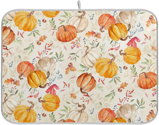 Autumn Fall Dish Drying Mat for Kitchen Counter Watercolor Pumpkin Maple Leaf Drying Mat 18 x 24 Inch with Absorbent Reversible Microfiber Dish Drying Pad Dish Rack Drainer Mats for Coffee Bar