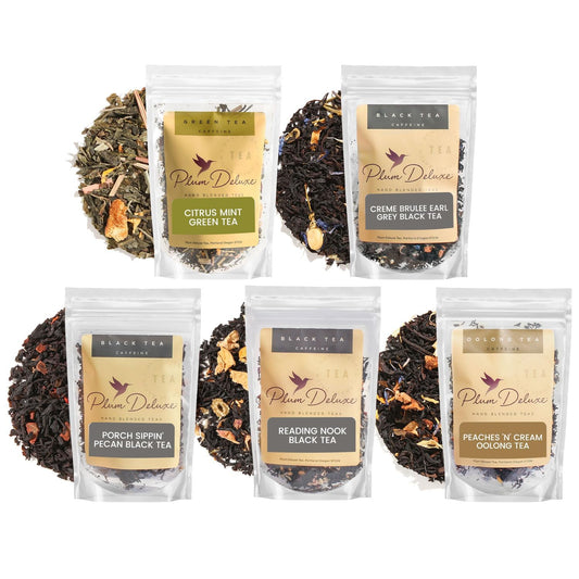 Loose Leaf Tea Sampler – 5 Caffeinated Blends Including Creme Brulee Earl Grey, Peach Oolong, Citrus Mint, Pecan and Floral Black – 75 to 100 Cups – Handcrafted in USA – Plum Deluxe