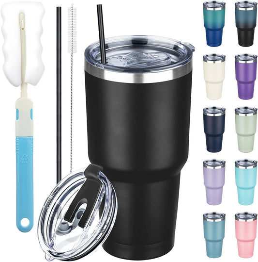 30 oz Tumbler with Lids and Straws, Stainless Steel Insulated Coffee Tumbler, Double Wall Vacuum Insulated Travel Mug Cup, Leakproof Thermal Coffee Cup for Hot and Cold Drinks (Black)