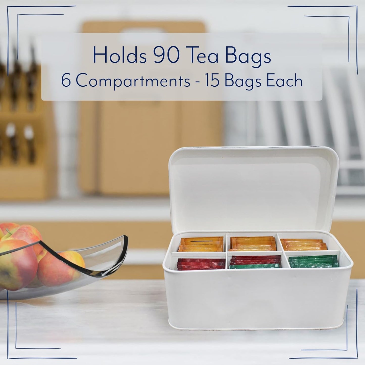 AuldHome Design Farmhouse Tea Bag Box (White), Vintage Retro Style Enamelware Tea Storage Tin