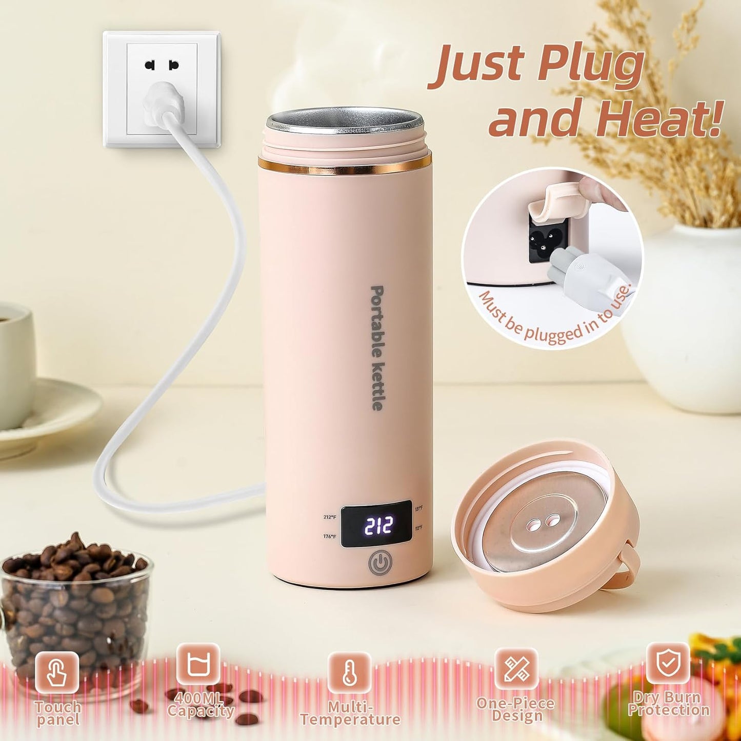 Travel Electric Kettle Portable Mini Kettle,Small Hot Water Boiler with 4 Temperature Settings,304 Stainless Steel,Fast Boiling Water with Auto Shut-Off and Boil Dry Protection (Pink, 400ml)