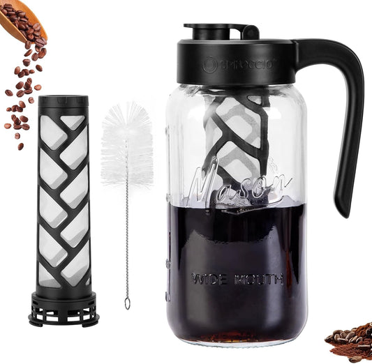 Cold Brew Coffee Maker Glass, Airtight & Leakproof Mason Jar Pitcher with Cold Brew Filter, 64 oz Glass Pitcher with Lid for Iced Coffee, Lemonade, Ice Tea