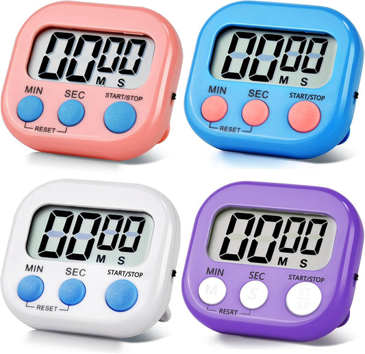 4 Pack Digital Kitchen Timer Magnetic Digital Timer with Big Display Loud Ring Cooking Timers for Cooking, Game, Gym, Break Time, Classroom(4, Pink, Blue, Purple, White)