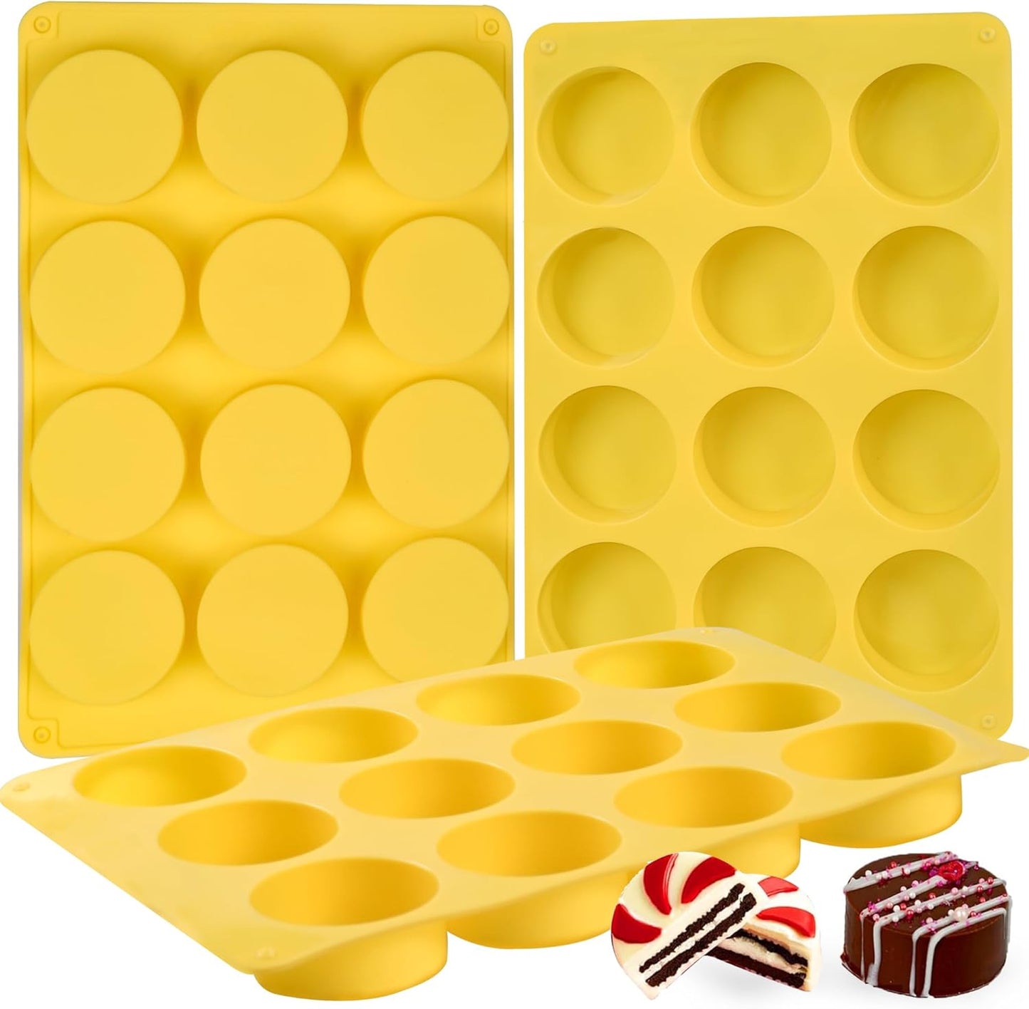Round Chocolate Cookie Silicone Molds, New Size 12-Cavity Cylinder Chocolate Cover Cookie Silicone Molds for Candy Mini Cakes Jelly Baking (Yellow)