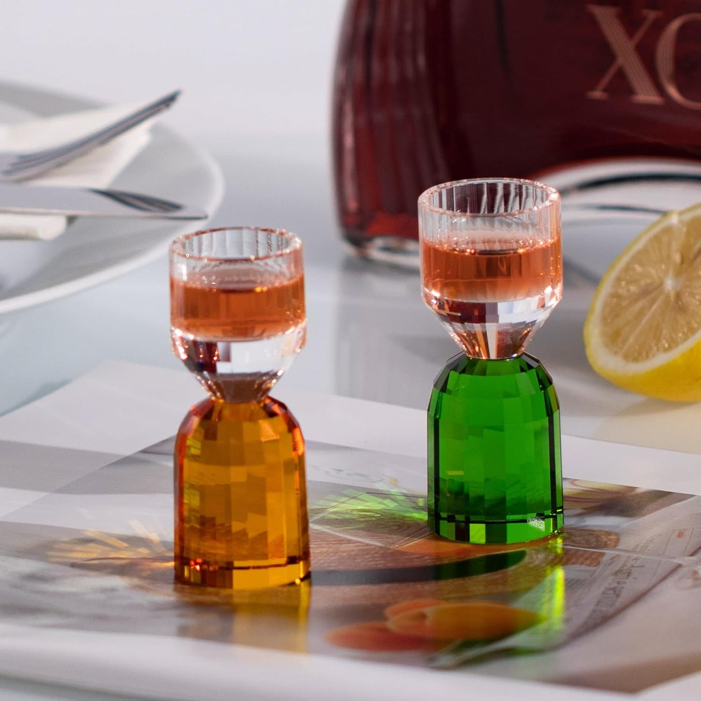 KAMMAK Crystal Shot Glasses Set of 2, Stemless Handcrafted Shot Glasses, 0.4 oz Engagement Gifts for Couples, Women, Men, Hand Blown, White with Colored