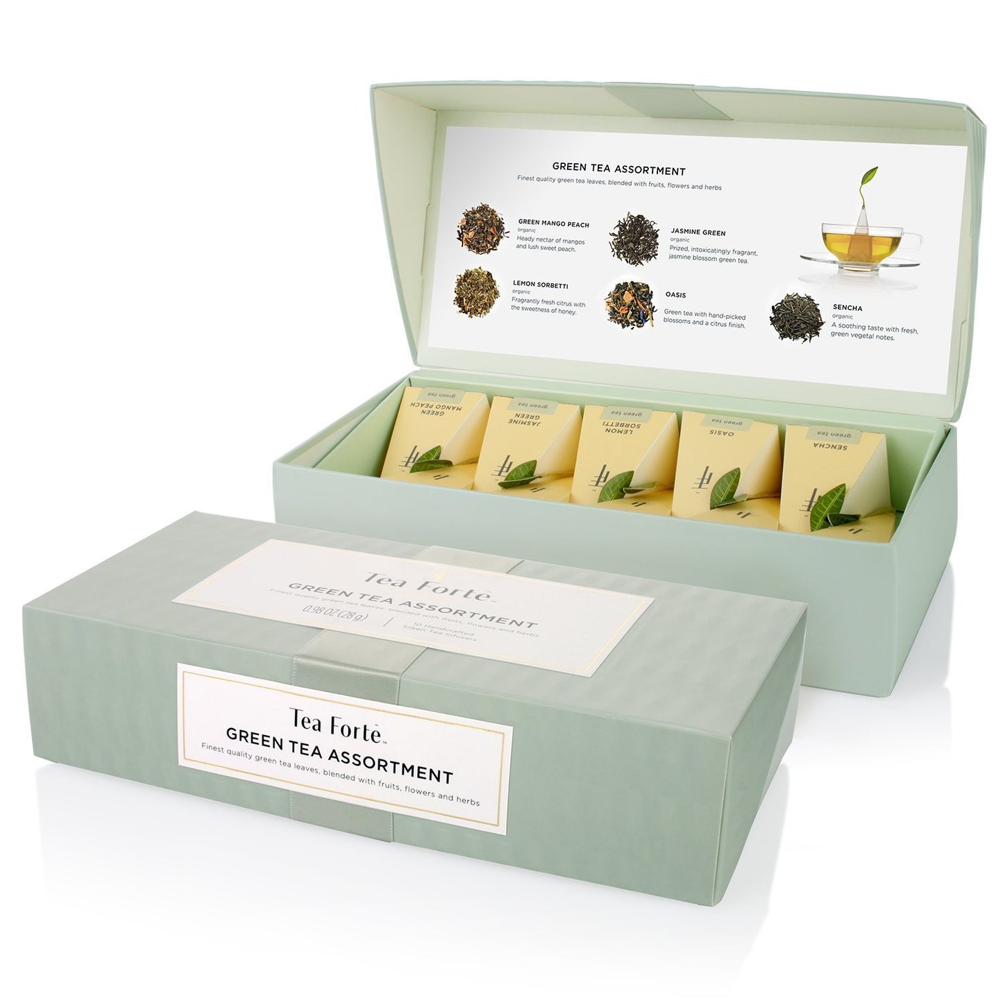 Tea Forte Assorted Green Tea Petite Presentation Box Tea Gift Set Sampler, 10 Count, 2 of Each Variety Individually Wrapped Handcrafted Pyramid Infuser Bags