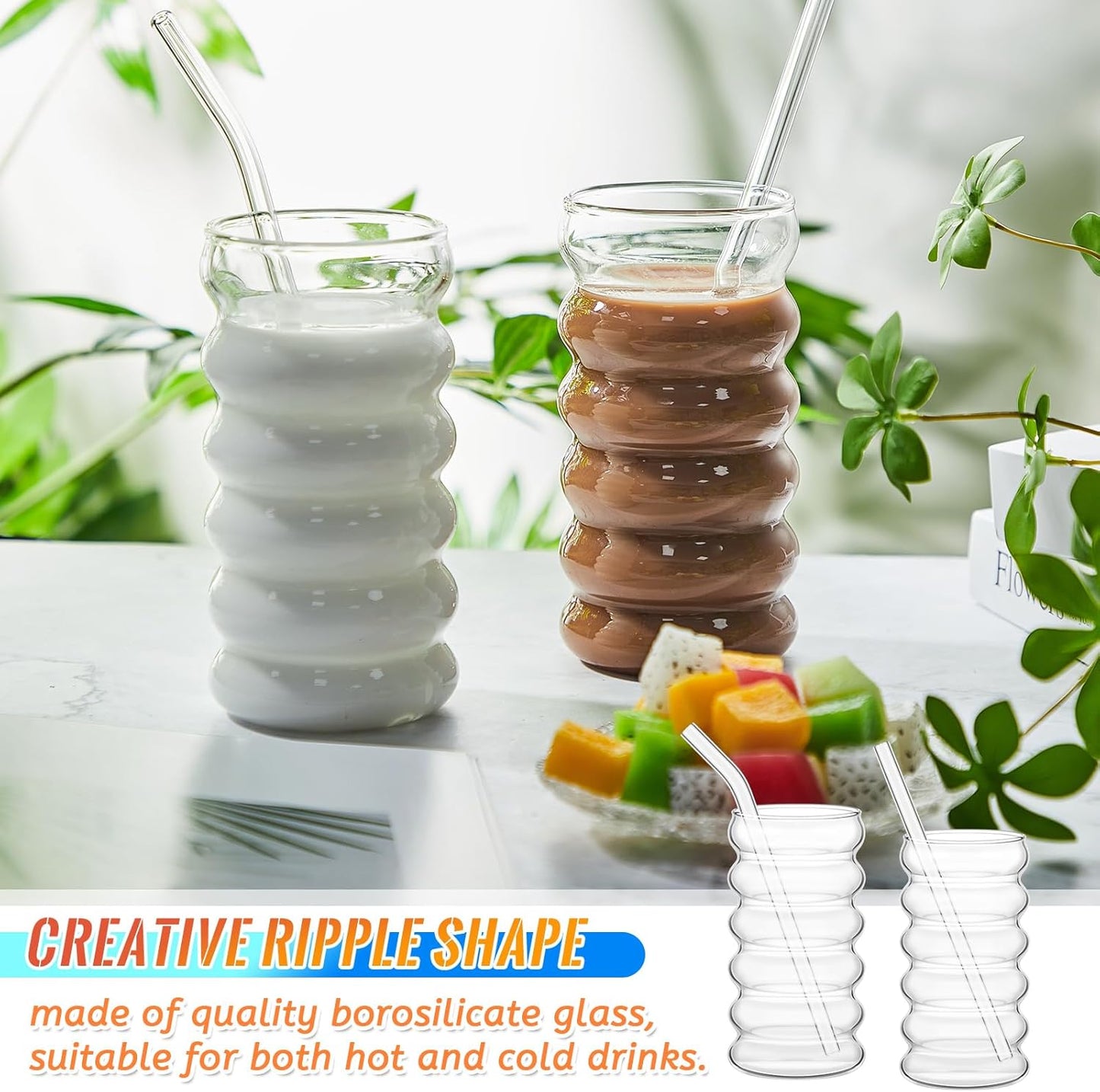 Tessco for you 4 Pcs Creative Glass Cups Vintage Drinking Glasses Ribbed Glassware Aesthetic Cup Entertainment Dinnerware Glassware with Straws Set for Kitchen Coffee Beverage(16 oz,Clear)