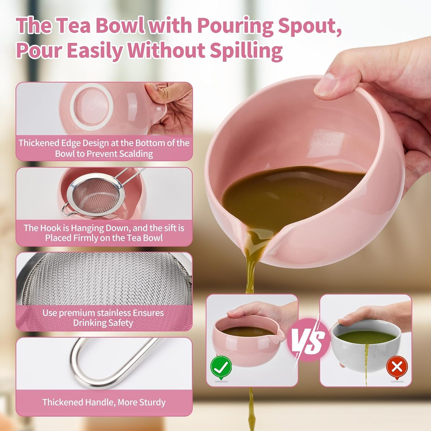 Matcha Whisk Set,9 Pcs Japanese Matcha Set Pink, Matcha Kit with Sifter, Matcha Tea Cloth, Matcha Powder Canister, Electric Rechargeable Frother(Pink)