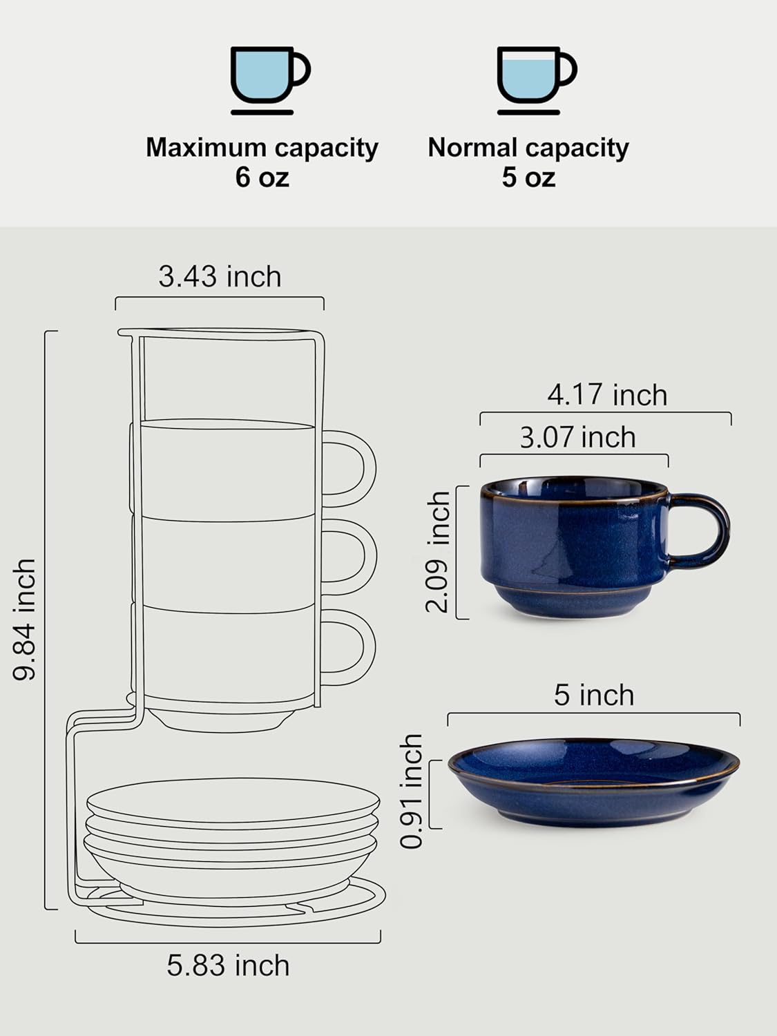 Gomakren 6 Ounce Cappuccino Cups with Saucers and Metal Stand, Stackable Coffee Cup Set of 4, Porcelain Espresso Cups for Coffee Drinks, Cappuccino, Latte, Americano, Tea, Cobalt Blue