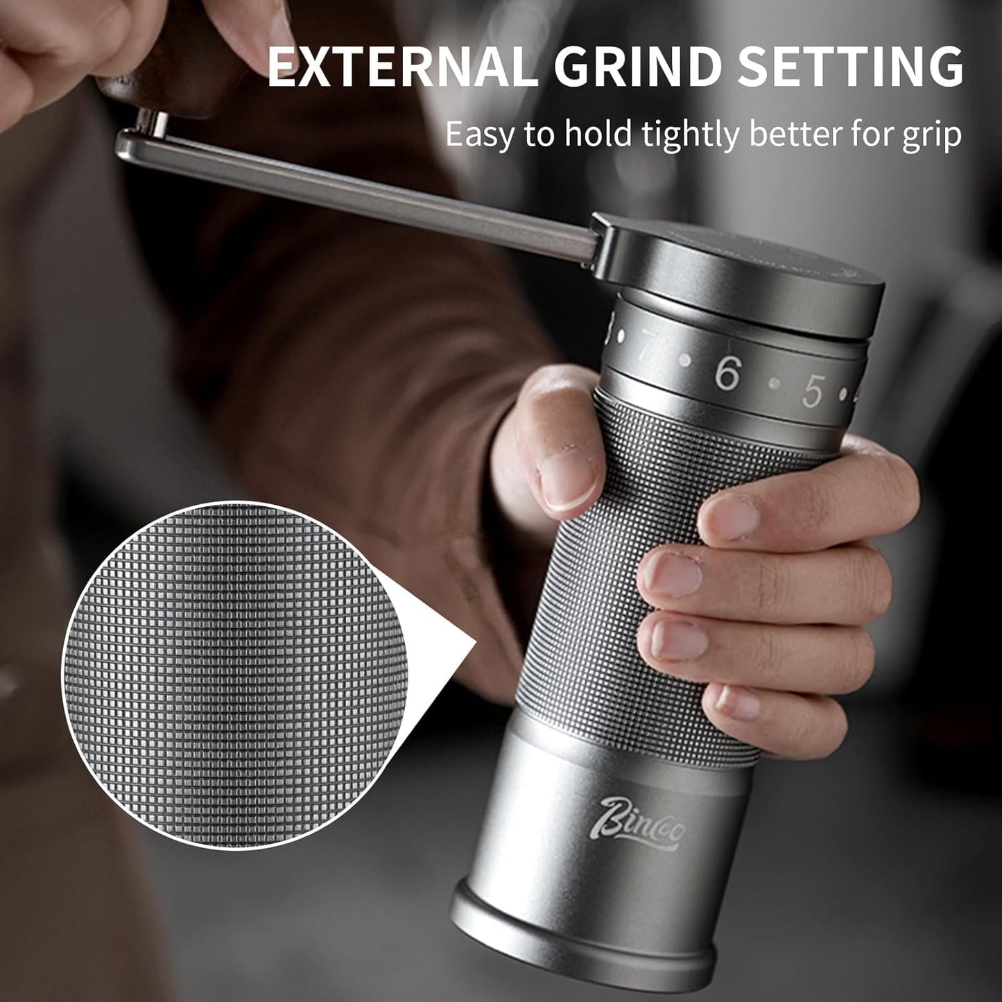 Bincoo Foldable Manual Coffee Grinder with External Adjustable Setting,Coffee Bean Grinder with Portable Storage Bag,Stainless Steel Burr Grinder Suitable for Home, Office and Travel for Use(Gray)