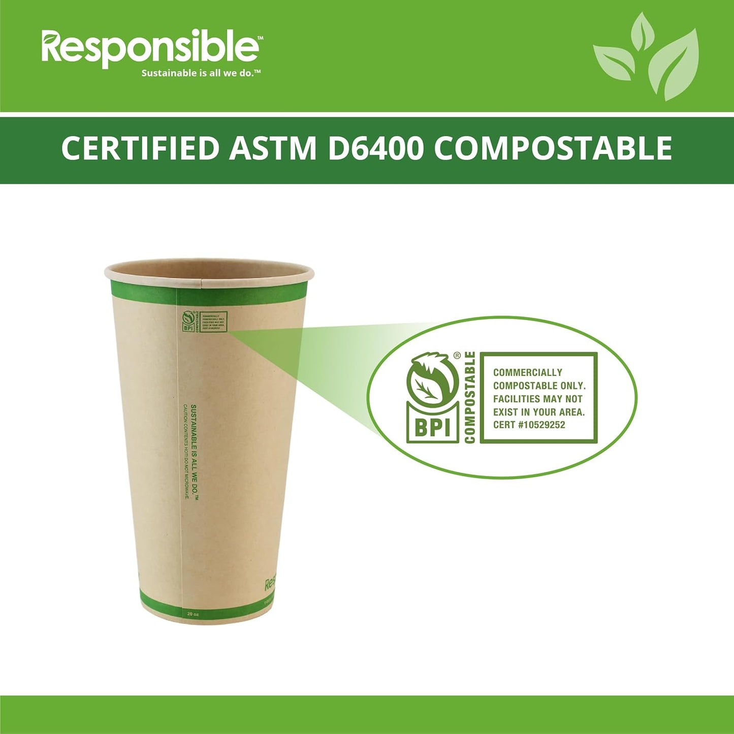 Certified Compostable 20 oz Paper Cups, Cold ＆ Hot Coffee Cups, Disposable Paper Cups, Extra Strength Disposable Cups, Made without PFAS (50 count)