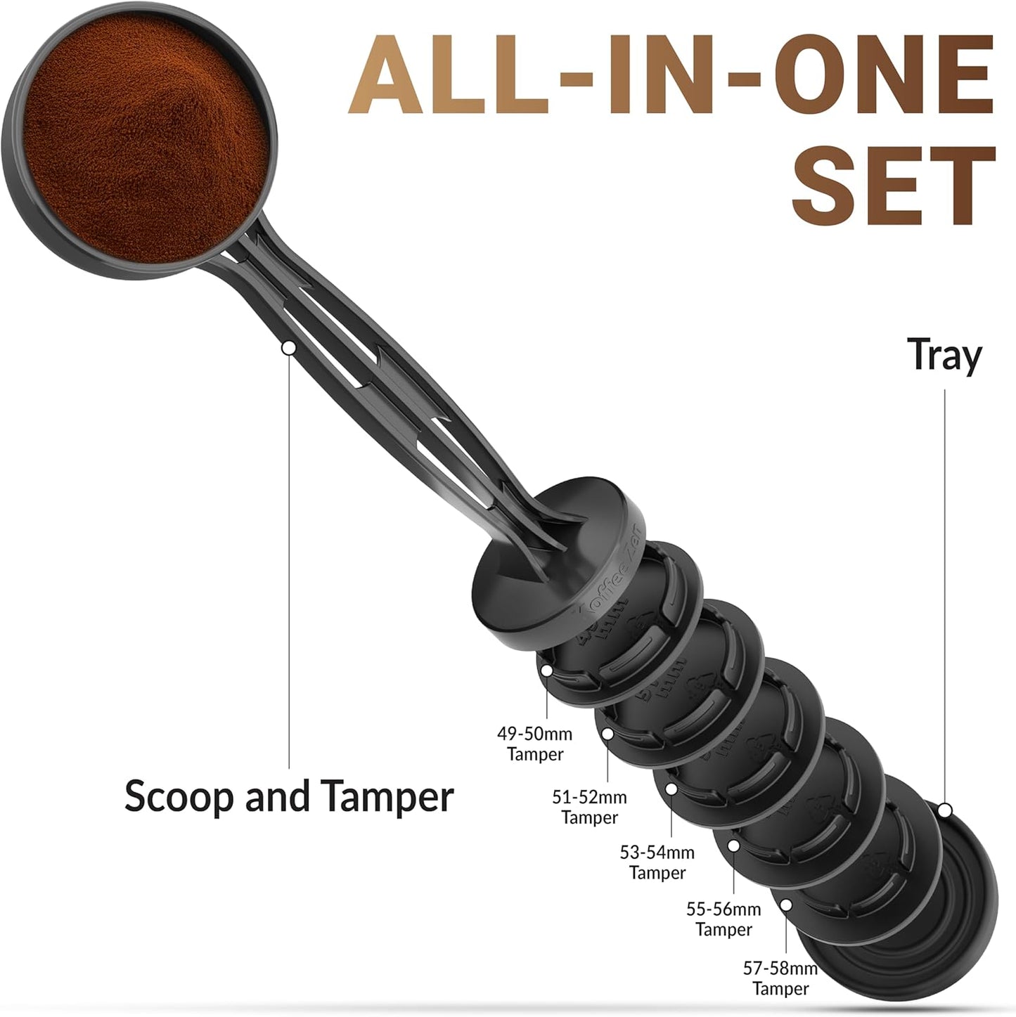 Koffee Zen Espresso Tamper Set, 5 Interchangeable Sizes (49–58mm), Dual Coffee Scoop (1 & 2 TBSP), Fits Breville, Delonghi & More