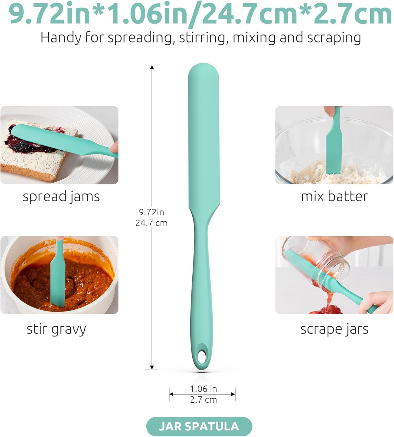 U-Taste Skinny Silicone Jar Spatula: 600ºF Heat-Resistant Food-Grade 10in Long Narrow Sourdough Stirring Stick, Seamless Flexible Peanut Butter Spreader for Scraping Icing Bread Cream, Jam (Aqua Sky)
